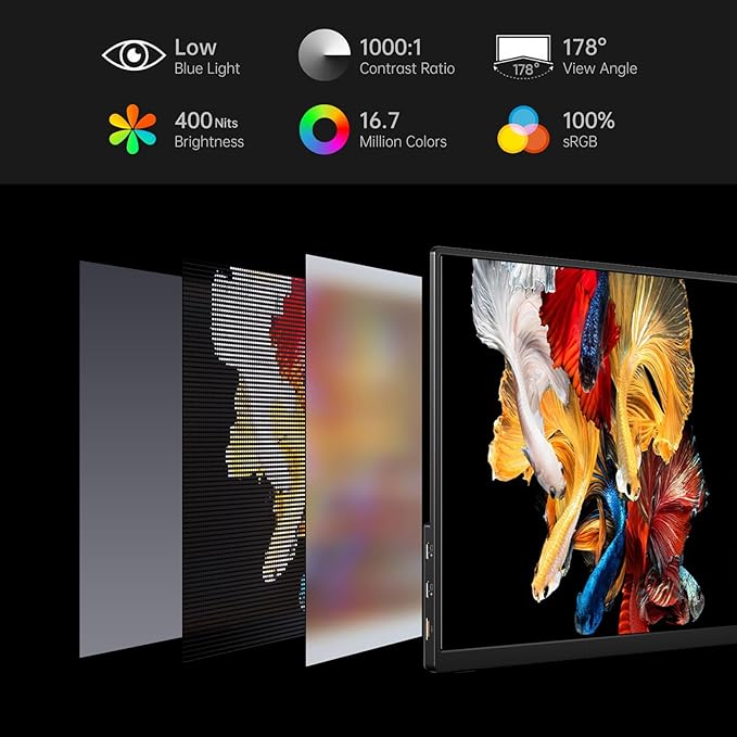 VILVA Portable Monitor 14 inch FHD 1920 * 1200P USB C HDMI Ultra-Slim IPS Travel Display w/Smart Cover & Speakers, HDR Plug&Play, External Monitor for Laptop PC, Phone,Mac