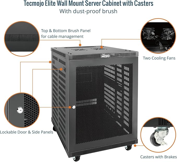 Tecmojo 15U Wall Mount Rack,15U Rack 17.7 Inch Depth,Hold Up to 176 Lbs,Enclosed Wall Mount Rack Kit for 19 Inch Network,Server and AV Gear,Mesh Door(Elite Collection)