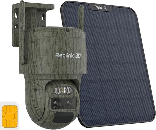 REOLINK 4K Dual Lens 4G LTE Cellular Security Camera, SIM Card Included, Wireless Auto Tracking Trail Camera, 6X Hybrid Zoom, No-Glow IR, Waterproof for Wildlife, TrackMix LTE Trail + Solar Panel 2
