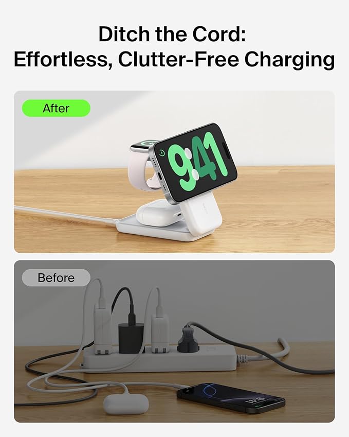 Belkin MagSafe Charger Compatible, 3-in-1 Charging Station, Qi2.2 25W Magnetic Wireless Charger Dock, Foldable Charging Stand for iPhone 17/16/15, Apple Watch, AirPods, Pixel 10 (45W Adapter Included)