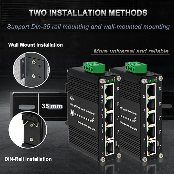 Mini Industrial Managed 5 Port Gigabit PoE Switch, IEEE 802.3af/at 120W Total PoE Budget, Smart Web Management with QoS, VLAN, Port Mirroring & Loop Detection, Rugged Industrial Design -40°C to 80°C