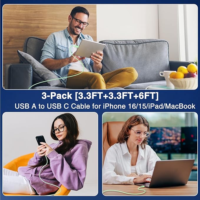 3-Pack Green [3.3FT+3.3FT+6FT] USB A to USB C Cable，USB to USB C Car Carplay Cable for iPhone Air 17 16e 16 15 Pro Plus Pro Max，for Galaxy S25/S24, for iPad Pro/Air/mini, for MacBook Pro/Air and More