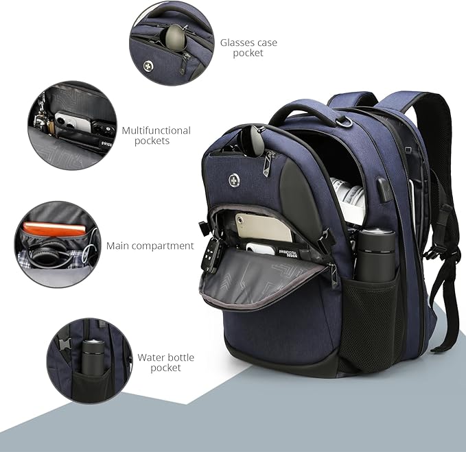 Swissdigital Design Travel Laptop Backpack for Men and Women, 35L Expandable Large Business Backpack with USB Charging Port for Fits 17 Inch Notebook, Blue | ANDWIL PRO