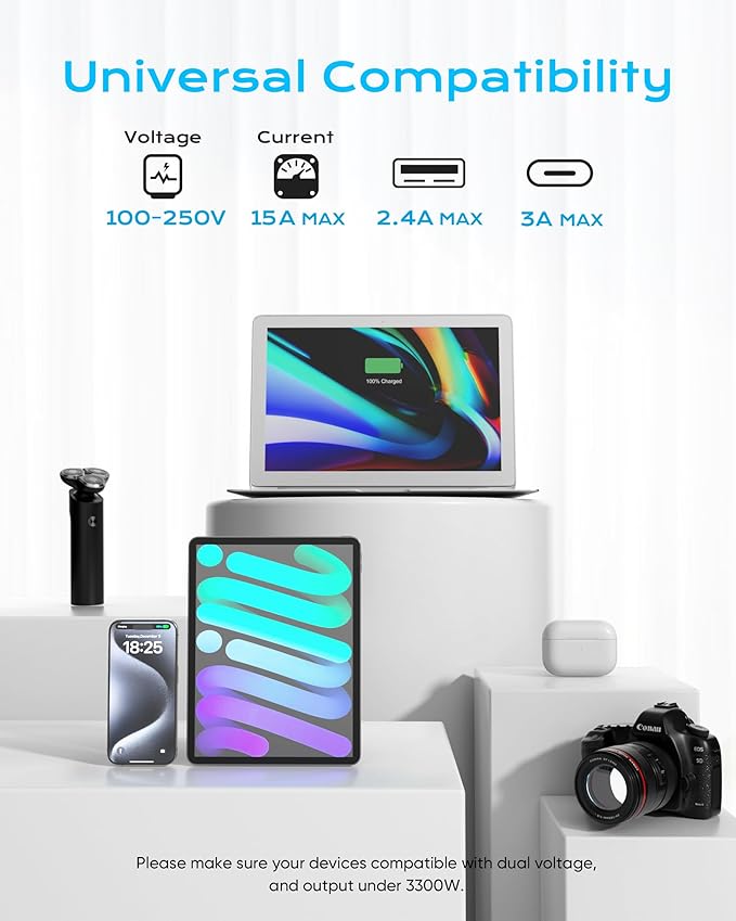 European Travel Plug Adapter, Olcorife Universal Travel Adapter for EU UK US AUS, 6 Outlets 3 USB Ports with 5ft Extension Cord, International Power Adapter for US to Europe UK AUS