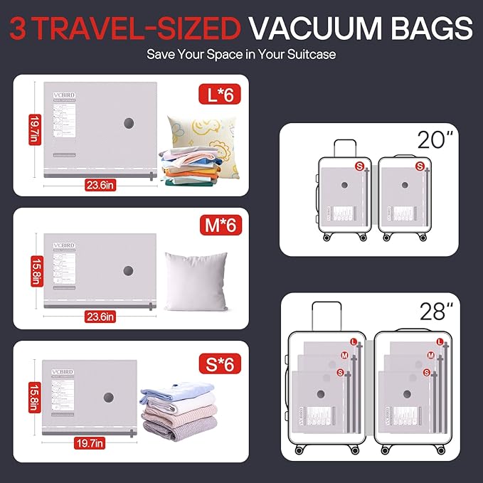 VMstr 18 Pack Travel Vacuum Storage Bags with High Pressure Electric Pump(DC Power), Carry-on Size Space Saver Compression Bags for Clothes, Luggage & Packing