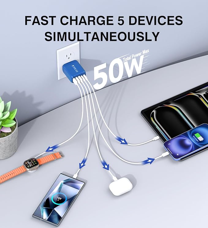 (2-Pack) 50W USB C Wall Charger Block, 5-Port C Charger Fast Charging Block PD Power Adapter +QC 3.0 Multiport Type C Box Brick Cube USB A Wall Plug for iPhone 15/16/17 Pro Max,Samsung (Dark Blue)