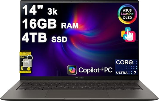 ASUS Zenbook S14 Laptop 14" 3k OLED 120Hz Touch (500nits HDR, 100% DCI-P3) Intel 8-core Ultra 7 256V (Up to 47 Tops) 16GB DDR5 4TB SSD for Designer Business Professional Win11 ICP Hub w/Copilot+ AI