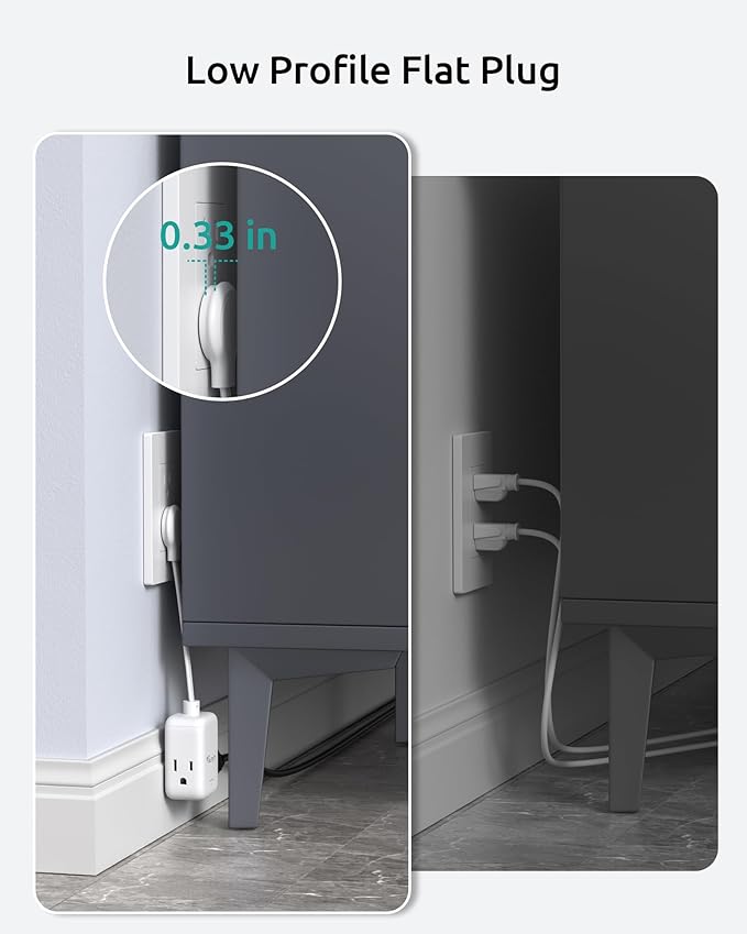 Short Extension Cord 6 Inch, ETL Listed, Flat Outlet Extender with 900J Surge Protector, 15A/1875W, 3 Way Multi Plug Outlet Splitter for Kitchen Bathroom Office Tight Spaces, White