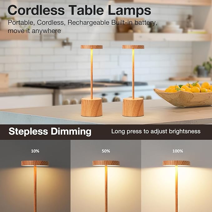 Kakanuo Wooden Rechargeable Cordless Lamp - Touch Control, 3 Color Temperature, LED Outdoor Wireless Lamp, Battery Operated Lamps, Stepless Dimmable, Set of 2