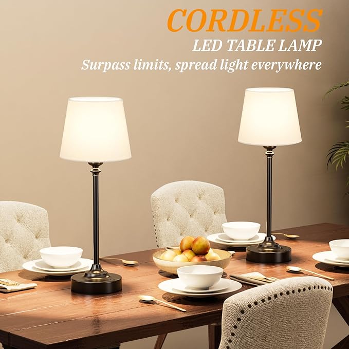 Cordless Table Lamps Rechargeable Set - 2 Pack Black 4000mAH Battery Operated Lamps for Decor, 3000K Stepless Dimming Touch Control Wireless Lamps for Bedroom, Dining Table, Living Room, White Shade