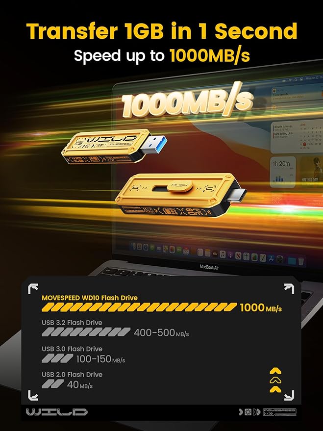 MOVE SPEED 2TB External SSD 1000MB/s Read Write Speed,USB 3.2 Gen2+USB C Flash Drive with Dual Ports, Portable SSD 3-Stage Push-Pull Design, Thumb Drive for iPhone 15/16 Series/Mac/Android Phone etc