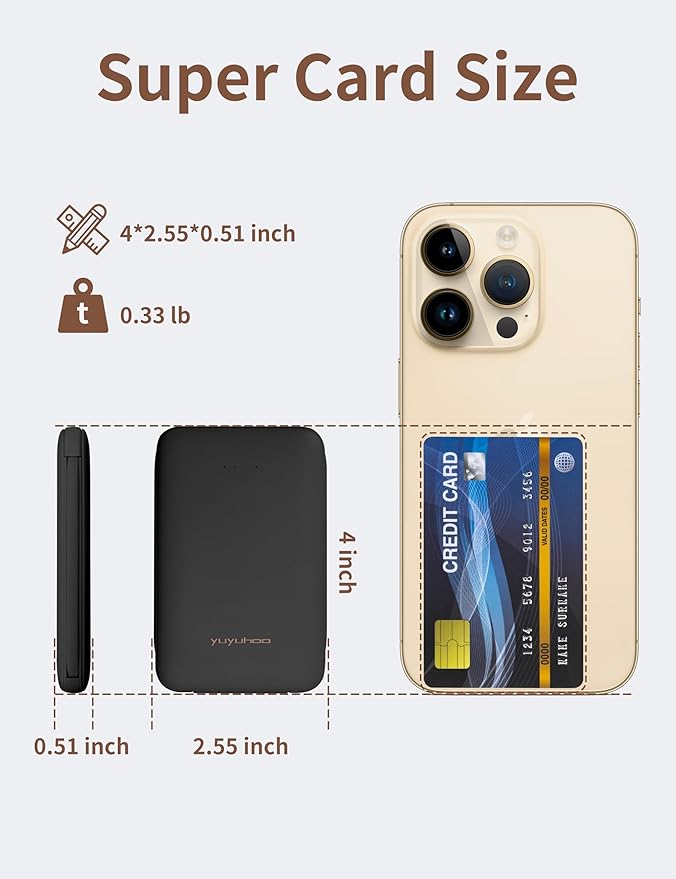 Power Bank, Slimmest 5000mAh Portable Charger with Built in USB-C Cables, USB C in&Out Charging Battery Pack, External Phone Powerbank Compatible with iPhone, Android, Black