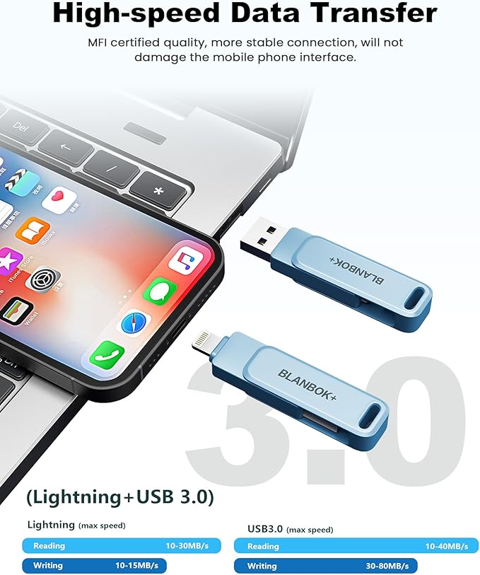 MFi Certified 512GB Flash Drive for iPhone Photo Stick, USB Memory Stick iPhone Flash Drive for Photos Videos, High Speed External Storage USB Stick Thumb Drive for iPhone/iPad/Android/PC(Sky Blue)
