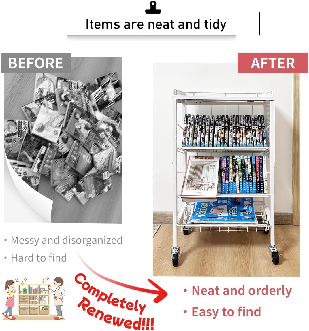 Lumizone Foldable Book Cart 6-Tier Large Capacity Bookshelf Single Sided V-Shaped Sloped Shelves With brake Wheels With PegBoard Slim Rolling Utility Cart Storage Rack, Home Shelves and Office (White)
