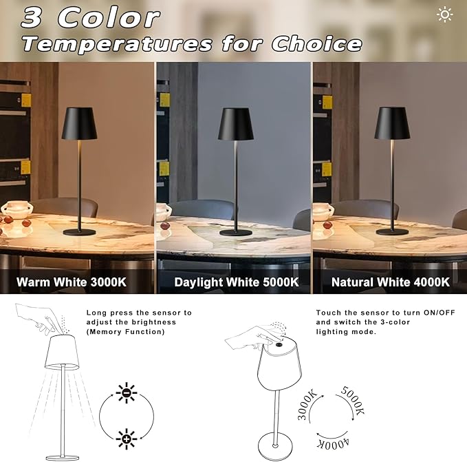 Kakanuo Cordless Table Lamps Pack of 4, Portable LED Battery Operated Lamp, Wireless Rechargeable Lamp, 3 Color Stepless Table Lamp for Restaurant, Bar, Party, Camping and Bedroom - Black