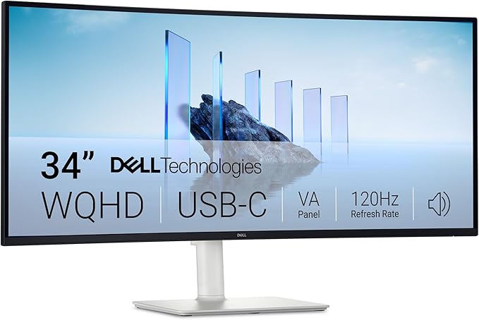 Dell 34 Plus USB-C Curved Monitor - S3425DW - 34-inch (3440 x 1440) up to 120 Hz 21:9 Display, VA Panel, AMD FreeSync Premium, 99% sRGB, 95% DCI-P3, Integrated Speakers, 3000:1 Contrast Ratio