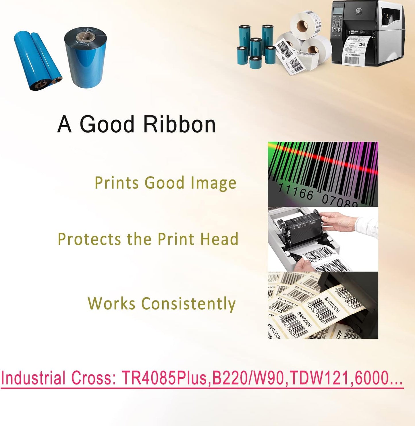 6 Rolls 5.12'' x 1476' Premium Resin Enhanced Wax Ribbon, 130mm x 450m Black Thermal Transfer Ribbon, Barcode Thermal Label Printer Ribbon, CSO-Ink Outside, 1'' Core for Zebra, TSC, GoDex, Citizen