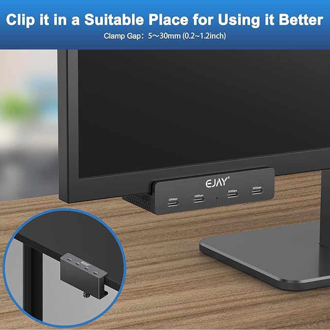10Gbps USB C Hub - EJAY 4Ports Aluminum USB 3.2 Docking Hub Clamp Design for Desk/Computor with Extra Power Supply Port and 47inches Long Data Cable&39inches Power Cable(Black)