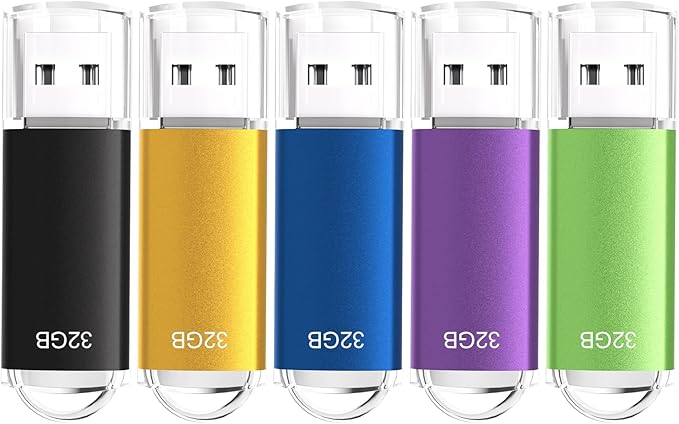 32GB USB 2.0 Flash Drive Thumb Drives Memory Stick Jump Drive Zip Drive, 5 Pack Mixed Colors: Black Blue Green Gold Purple
