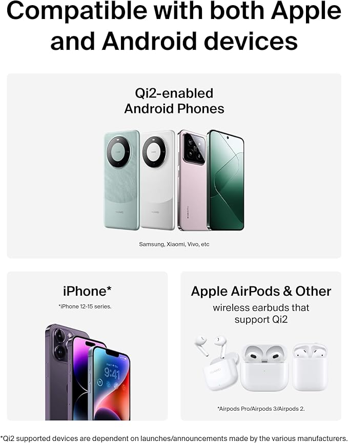 Belkin MagSafe-Compatible Charger, 2-in-1 Magnetic Foldable Charger 15W - Qi2-Certified Wireless Charging for Apple iPhone 16, Apple Watch, Samsung Galaxy S25 w/Non-Slip Base, PSU Included - Black