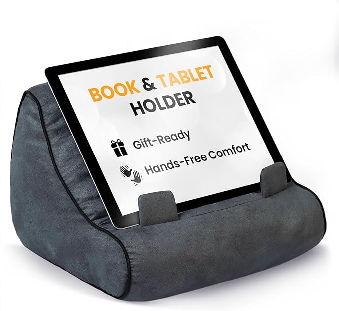 Gifts for Readers & Writers Book Pillow Tablet Stand for Bed Grey - Premium Cushioned Book Holder for Hands Free Reading, Stylish Tablet Holder for Bed, Kindle Pillow Stands & Lap Ipad Holders