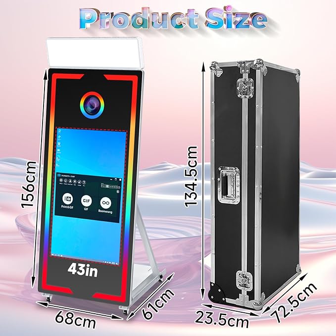 Mirror Photo Booth with Camera and Printer, 65" Magic Mirror Photo Booth, 43" Touch Screen Built-in Mini PC with Instant Print and Sharing, Music Sync Control RGB Light (Black, 65-43" Full Set)