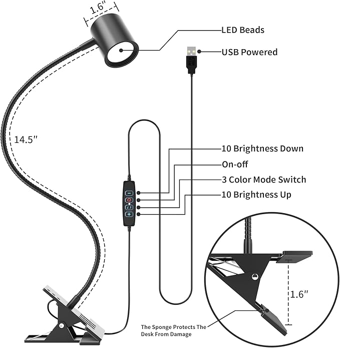 Dott Arts Desk Lamp,USB Clip On Light,Book Lights for Reading at Night,3 Color Modes,10 Brightness Clamp Lights,360° Gooseneck LED Reading Light for Books in Bed,Eye-Care for Home Office,Headboards