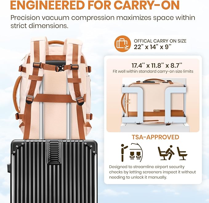 Fanwoli Vacuum Travel Backpack, Carry On Luggage with TSA Lock & Anti Theft Zipper, 60L Expandable Airback with Compression Pump, Waterproof Laptop Bag Ideal for Flight & Business,White