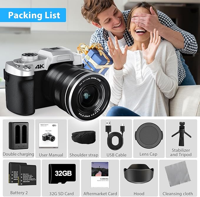 Camera for Photography, 10X Optical Zoom 4K Digital Camera, 75MP Vlogging Cameras for YouTube, WiFi Autofocus 3" 180° Flip Screen with 32GB Card, Tripod, 2 Batteries & Battery Charger, Black