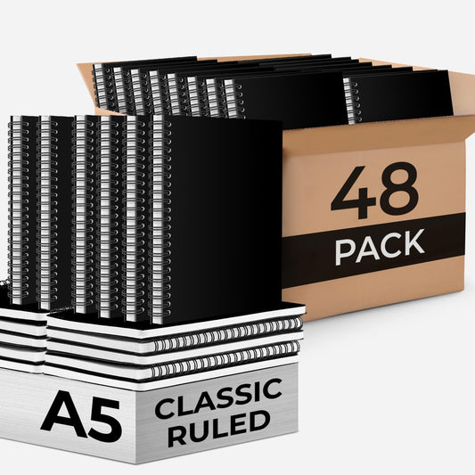 48 Pack Spiral Notebook, 5.8 x 8.3, 120 Pages (60 Sheets),100 GSM Paper Ruled Notebooks, Water Resistant Black Cover, Bulk A5 Journal for Women & Men, Daily Wrting Small Book, School, Office