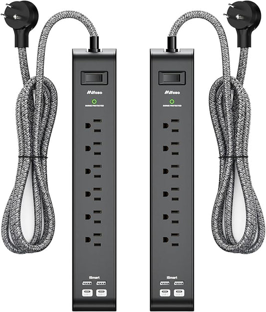 25FT Surge Protector Power Strip - 2 Pack Extension Cord with 6 Outlets 4 USB Ports, Flat Plug, 900 Joules, 15A Circuit Breaker, Wall Mount for Home Office, Dorm Essentials