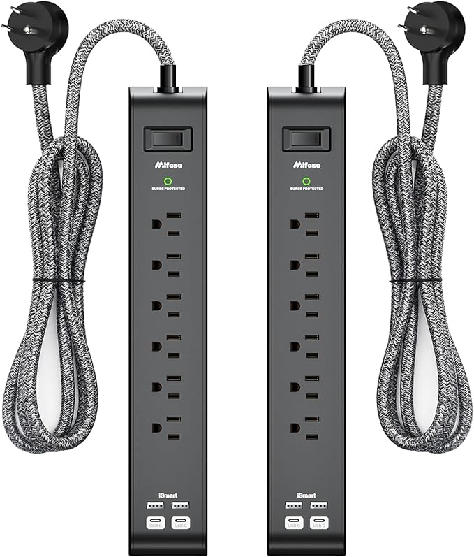 15FT Power Strip Surge Protector - 2 Pack Extension Cord with 6 Outlets 4 USB Ports, Flat Plug, 900 Joules, 15A Circuit Breaker, Wall Mount for Home Office Dorm