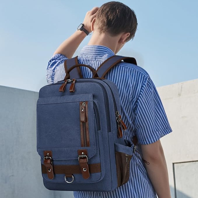 Lanola Water-resistant Canvas Backpack with Anti-Theft Pocket, Daypacks Fits 15.6 Inch Laptop for Men Perfect for Work, Travel, Daily Use(Dark Blue)