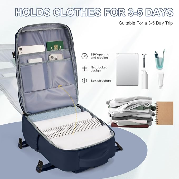 VECAVE Carry On Backpack for Women, Airline Approved Large Travel Backpack Flight Approved, Waterproof 14 Inch Laptop Backpack Business Work Backpacks Bag Men Mochila De Viaje Blue.