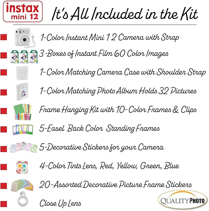 Fujifilm Instax Mini 12 Instant Camera + 60 Photo Prints + Accessories, Case, Decoration Stickers, Frames, Photo Album (Clay White)