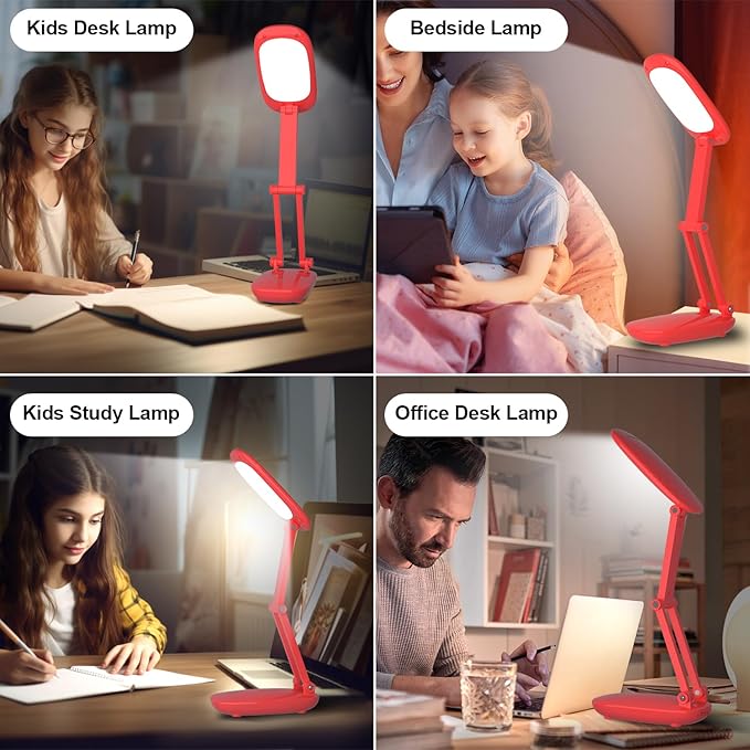 LED Desk Lamp for Office Home & Battery Operated Lamp Rechargeable Lamp Foldable & Portable Light, [2-Fold Bracket] 3 Brightness Dimmable Small Desk Lamp Wireless Reading Lamp (Red)