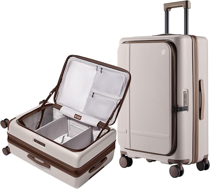 NINETYGO Medium Checked Luggage 25 Inch, Flat Top Opening Checking In Luggage with Cup Holder, Expandable, Coffee-Infused PC Hard Shell, Eco-Friendly, TSA Lock, 360° Spinner Wheels (Oats White)