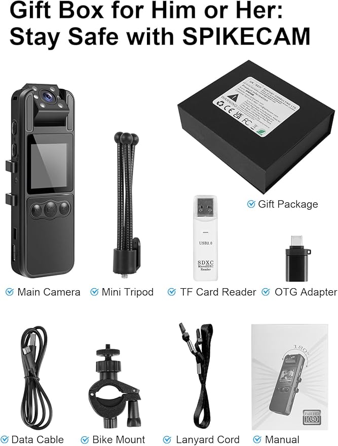 SPIKECAM Computer-Free Body Cameras with Audio and Video Recording, 6 Hrs 1080P Personal Small Bodycam with Photo, Night Vision, SOS Sound, Wearable Body Cam for Security, Running, Biking 128G