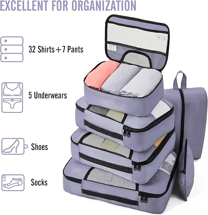 Veken 8 Set Packing Cubes for Travel Essentials, Suitcase Organizer Bags in 4 Sizes, Carry-On Luggage Accessories with Large Laundry & Hanging Toiletry Bag, Must-Have for Airplane, Road Trip & Camping