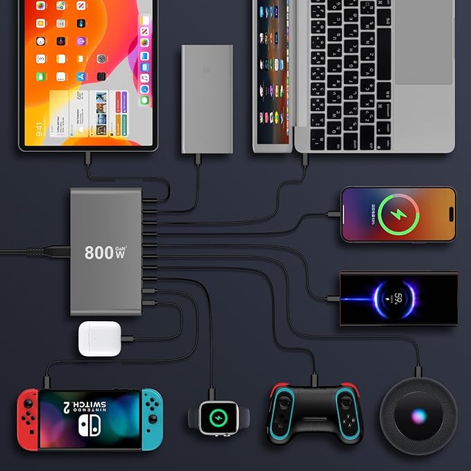 800W GaN3 10-Port USB-C Charging Station - Fast Charger for Laptops, Tablets, Smartphones, and More (Black)