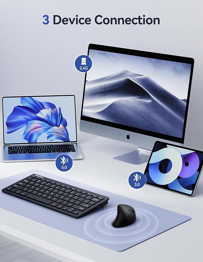 TECKNET Ergonomic Mouse, Wireless Vertical Mouse, 4800 DPI, Rechargeable Bluetooth Mice for Carpal Tunnel Right Hand, 3-Device Connectivity for Laptop, PC, MacBook, Black