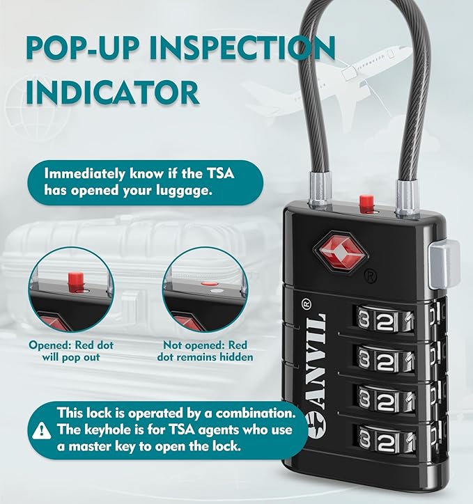 ANVIL TSA Approved Luggage Locks, 4 Digit Combination Travel Suitcase Locks with TSA008 Core and Open Alert Indicator, Zinc Alloy Body. (2, Black)