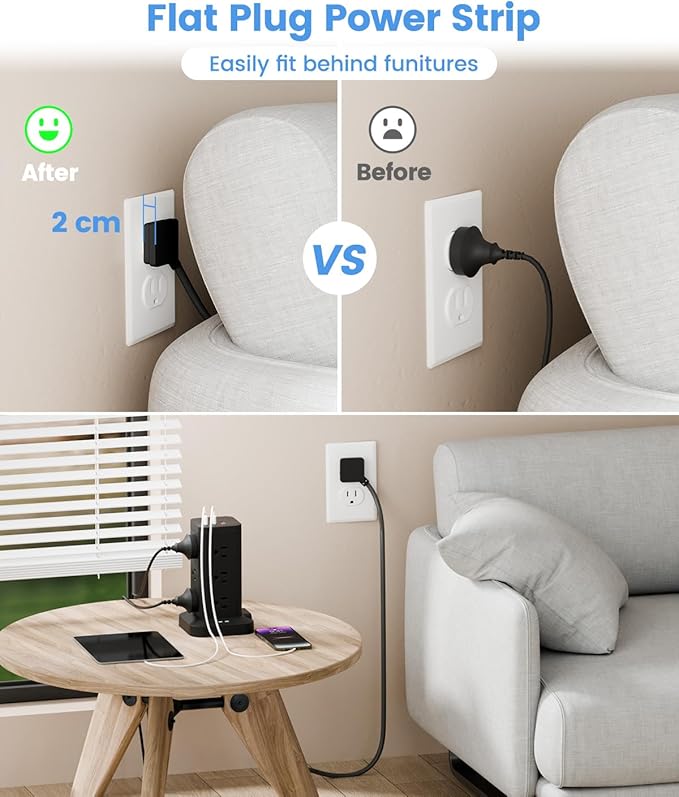 Power Strip Tower with Surge Protector 1800J, Fast Charging Tower PD20W USB-C Ports with 12 AC Outlets, 10ft Extension Cord for Home Office Dorm Room, Black