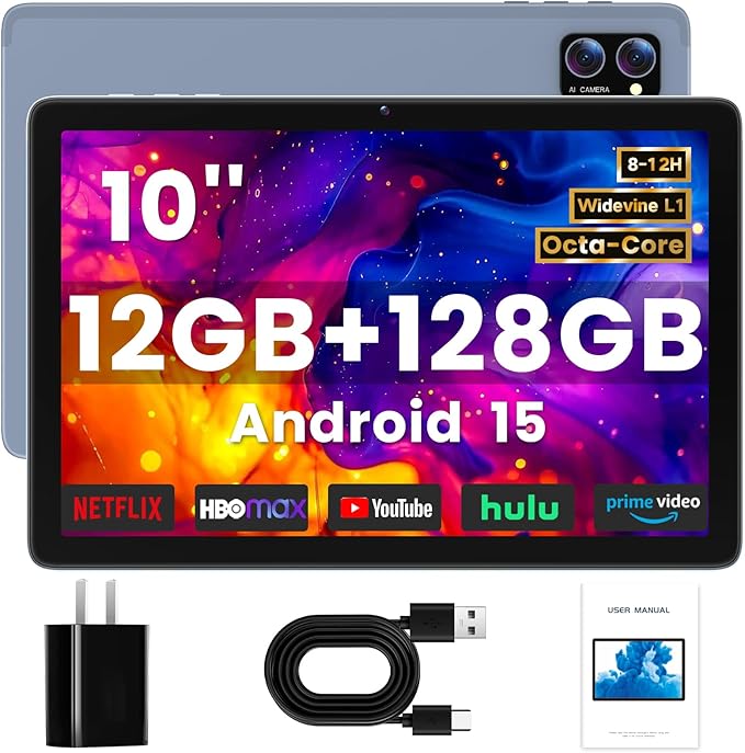 Android Tablet 10 Inch, Android 15 Tablets 2025 for Adults, Octa-Core, 12GB RAM,128GB Storage(2TB Expandable), Large Touch Screen Tablet with 10H Battery Life,WiFi & Bluetooth 5.0,Gray Blue