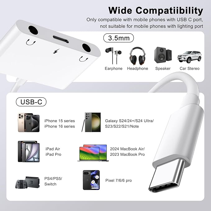USB C to 3.5mm Audio Adapter, 3 in 1 Aux to USB C Headphone Splitter Dual 3.5mm Audio Jack and PD 60W Fast Charging, Compatible for iPhone 15 16,Galaxy S22 S21/Note 20,Pixel 4 3 XL,Huawei,etc