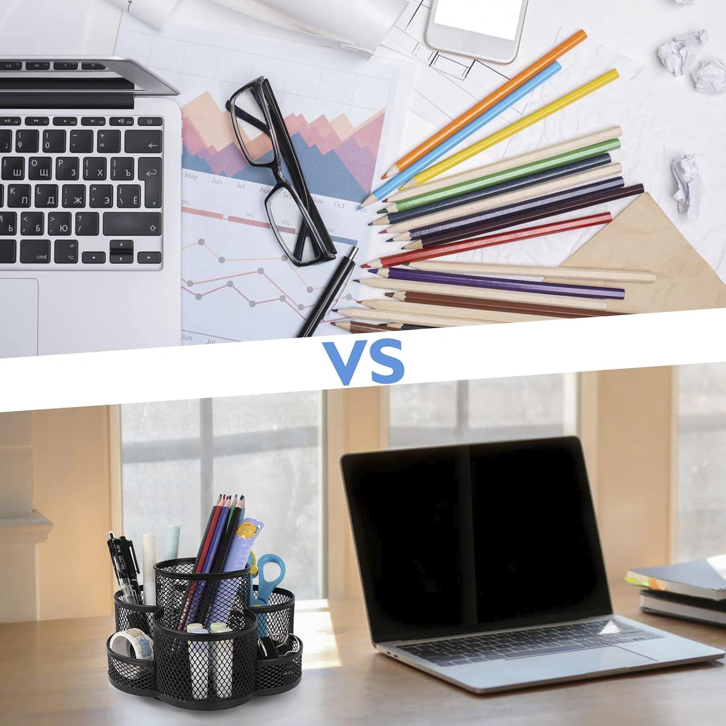 360 Rotatable Metal Mesh Desktop Pen Holder Pencil Holder Pencil Organizer Stationery Organizer Pen Pot Makeup Brush Organizer for Home School Office (Black)