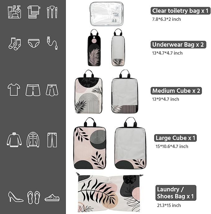 7 Pcs Compression Packing Cubes for Travel, Waterproof Suitcase Luggage Backpack Organizer with Toiletry Bag Travel Essentials for Women/Men-Black Bohemia