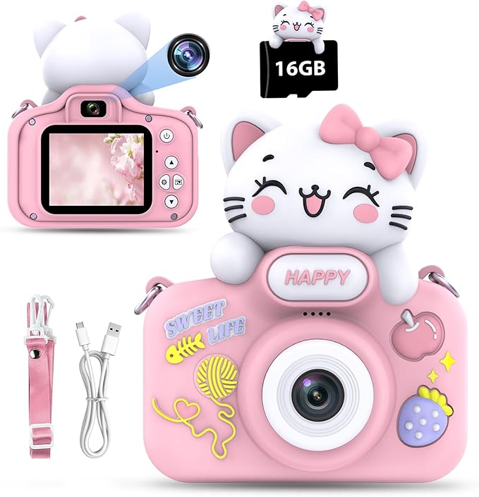 Kids Camera for Age 3-8, Kids Digital Camera Toddler Camera for 9 10 11 12 Years Old Birthday Gifts, 1080P Video Camera with Cute Protective Cover & 16GB SD Card