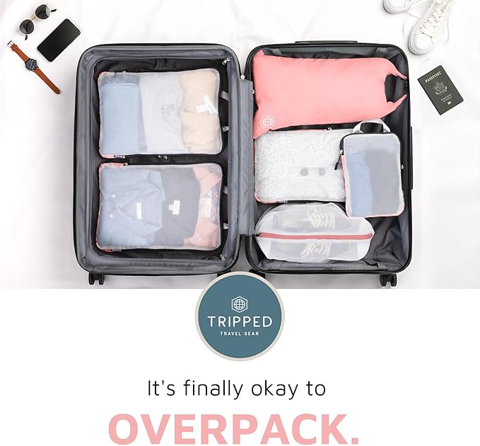 Large Packing Cube Set with See Through Mesh- Compression Packing Cubes Travel Organizers by TRIPPED Travel Gear (Dusty Rose)
