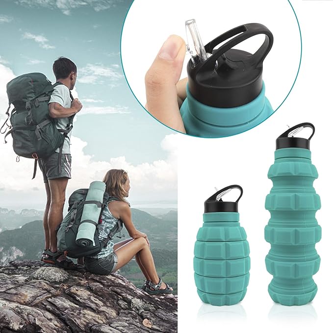 QiCheng&LYS 19.5oz Collapsible Travel Water Bottle, Reuseable BPA Free Silicone Foldable Water Bottles for Travel Gym Camping Hiking, Portable Leak Proof Sports Water Bottle with Carabiner(Blue)